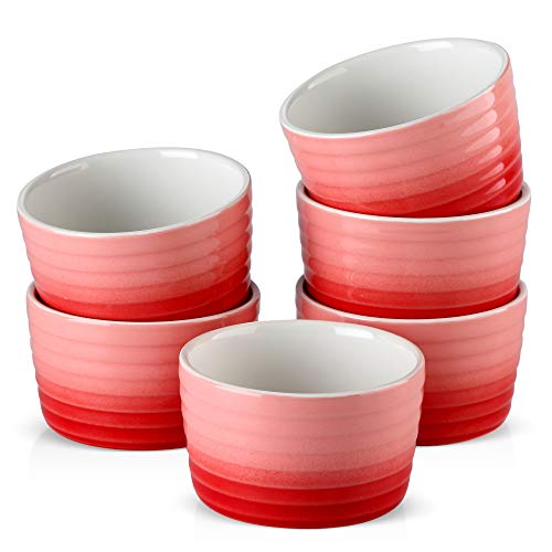 MALACASA Serie Ramekin.Dish Moldes para Horno Soufflé Creme Brulee de 6 piezas, 10cm Cuencos Porcelana para Postre Magdalenas, Color Rojo Degradado