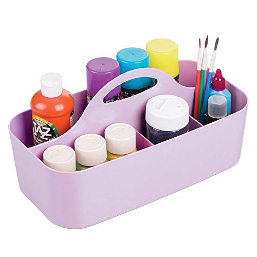 mDesign Caja con asa portátil de plástico – Organizador con 11 apartados para utensilios para manualidades o costura – Cesta con asa de plástico para lápices, botones, tijeras, pinturas, etc. – lila