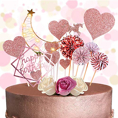 MMTX Unicornio Decoración de Tartas, Cake Topper Cumpleaños con Banner de Feliz Cumpleaños, Luna Resplandor, Unicornio, Abanicos de Papel, Estrellas, Cupcake Topper para Niña Niño Mujer, Oro Rosa