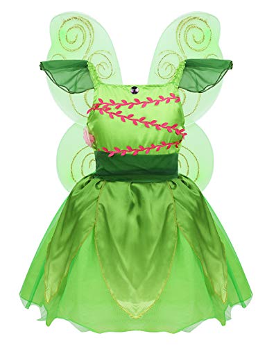 MSemis Costume Disfraz Hada de Bosque Niñas Vestido Princesa Tutú Verde Cosplay Campanilla Disfraces Elfos Halloween Traje Lujoso Cumpleaños Navidad Fiesta Verde 7-8 años