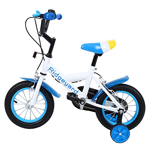MuGuang 12 Pulgadas Bicicleta Infantil Estudio Aprendizaje Montar a Caballo Bicicleta niños niñas Bicicleta con ruedines con Campana por 3-6 años (Azul)