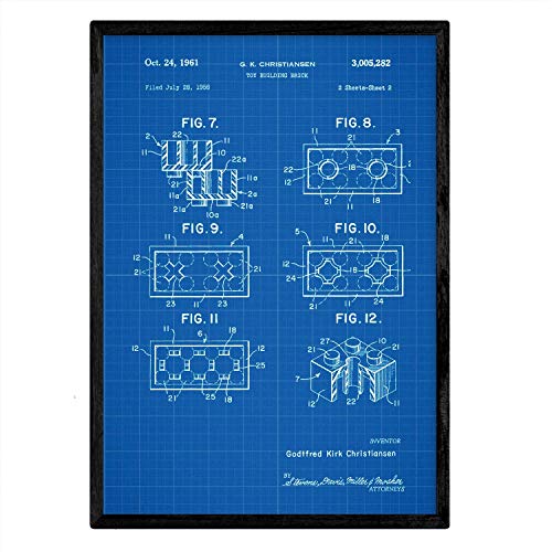 Nacnic Poster con patente de Piezas lego 2. Lámina con diseño de patente antigua en tamaño A3 y con fondo azul