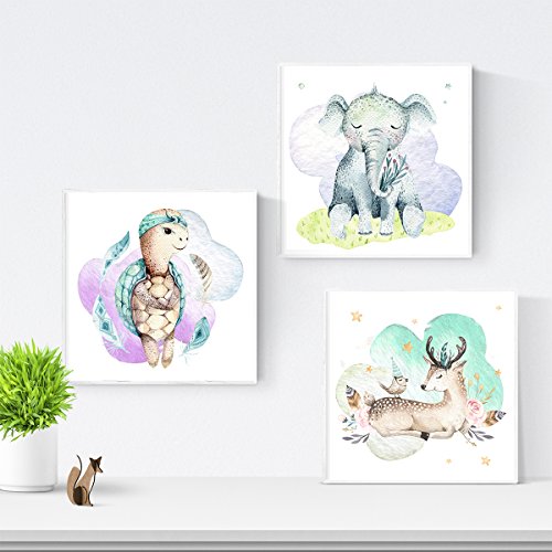 Nacnic Set de 3 láminas para enmarcar Elefante, Cervatillo Y Tortuga Posters para habitación Infantil. Estilo Acuarela y Tonos Pastel