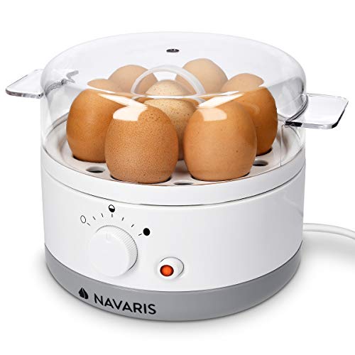 Navaris Hervidor de Huevos de Acero Inoxidable con Temporizador - para 7 Huevos - con Cortador y Vaso medidor - Función de escalfar y vaporera