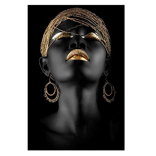 OUER Cuadros de Pared Mujer de Oro Negro Cartel de Arte de Pared Pintura de Lienzo Pintura Mujer Africana Decoración Baño Sala de Estar Decoración del hogar,50 * 70cm