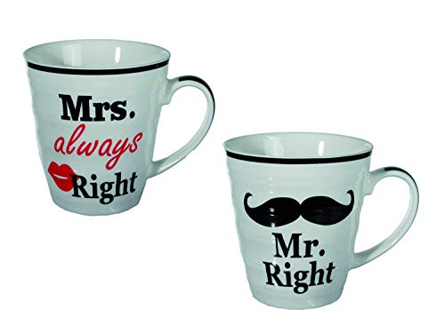 Out of the blue Set de Tazas de Ceramica, Mr Right & Mrs Always Right, Blanco con diseño, Aprox. de 10 x 9 cm