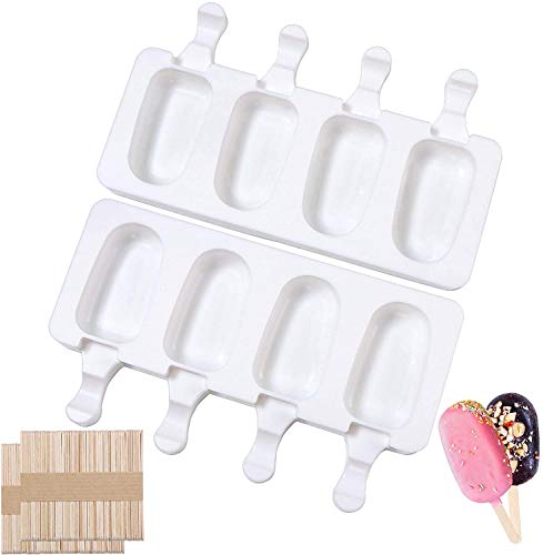 Popsicle Molds Set of 2 Pcs,Silicone Ice Pop Molds 4 Cavities Homemade Chocolate Mold, for Kids & Ault, with 50 Wooden Sticks Small