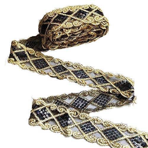 Qililandiy 10 yardas de encaje con lentejuelas, ribete de ribete, cinta de aplicar, 9 m x 5 cm, para ropa, cortinas, caminos, manualidades, decoración, color negro y dorado