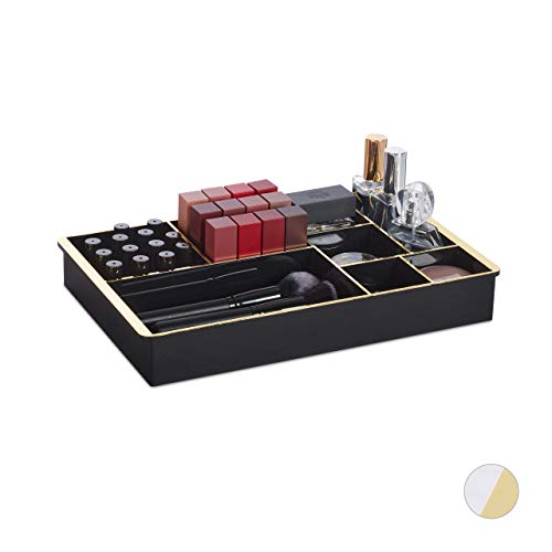Relaxdays Cajones organizadores para cosméticos (8 Compartimentos, 5 x 35 x 22 cm), Color Negro y Dorado, 1 Unidad