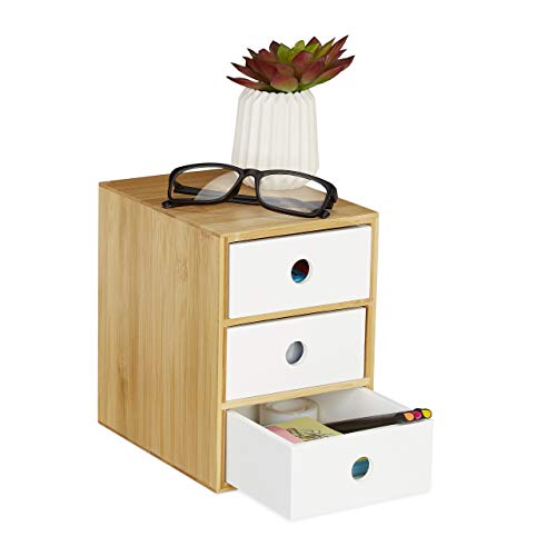 Relaxdays Organizador de Escritorio con 3 cajones, bambú y MDF, Caja de Almacenamiento para Oficina, 21 x 14,5 x 20 cm, Color Blanco, 1 Unidad