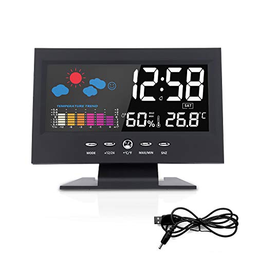 Reloj despertador digital T-Buy con función de repetición, con luz LED, colorido reloj despertador digital con hora, fecha, visualización de temperatura, funciona con pilas y enchufe USB