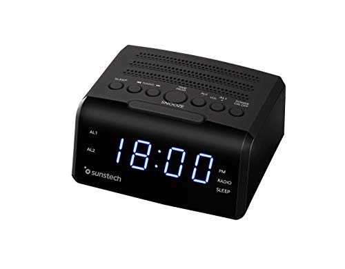 Sunstech FRD35U - Radio despertador con alarma dual, pantalla LED, FM, USB, conexión auriculares, color negro