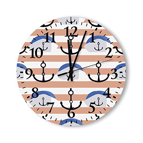 Traasd11an 15 Inch Round Wood Wall Clock with Scale, Battery Operated, Ship Anchor Creativity Decorative Wooden Clock for Living Room, Dining Room, Kitchen