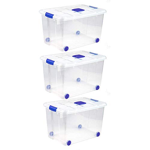Unishop Lote de 3 Cajas de Almacenaje de Plástico con Ruedas y Compartimento Antipolillas en la Tapa, Caja de Almacenamiento, Caja de Ordenación Multiusos (57L)