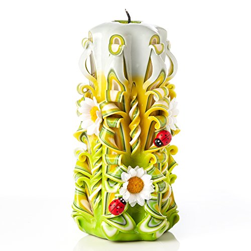 Vela grande sin aroma tallada a mano – Perfecta para decoración casera o como vela de regalo para varias ocasiones - Impresionante color verde crema con decoraciones