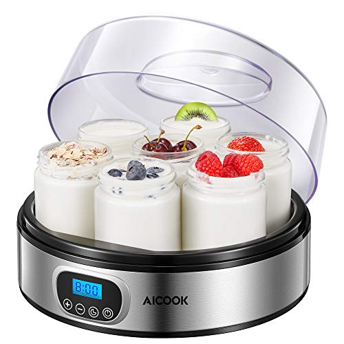 Yogurtera con Receta, AICOOK Máquina Eléctrica para Hacer Yogur con 7 Tarros de Vidrio(1400ml) y Pantalla LED con Ajuste de Temporizador Auto Apagado, Acero Inoxidable