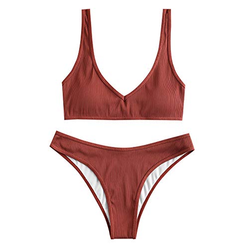 ZAFUL - Bikini acolchado para mujer con escote en V y corte alto rojo ladrillo M