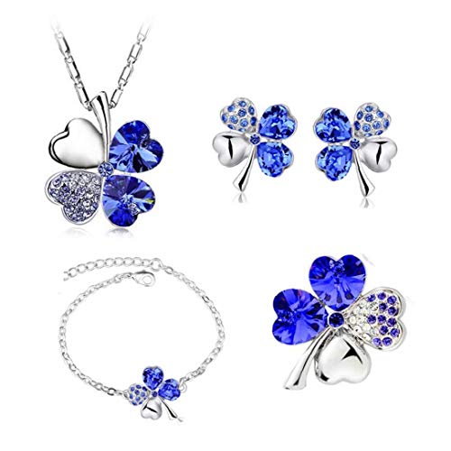 ZYCX123 Broche Collar Pendientes Pulsera afortunada 4pcs / Set de Cuatro Hojas del trébol de Cuatro Hojas Sistema de la joyería de Plata Plateado joyería para Muchachas de Las Mujeres (Azul)