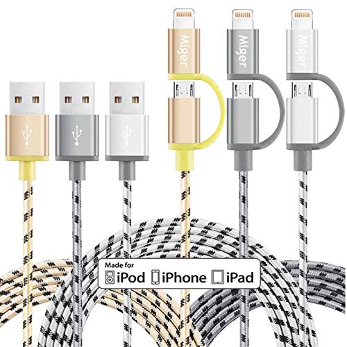 (3Pack) Miger 3.3Ft 2 in 1 Tangle Free Lightning and Micro USB Nylon Braided Charging/Sync Cables for iPhone/iPod/iPad and Samsung Galaxy, Sony, Nexus, Nokia,HTC & more