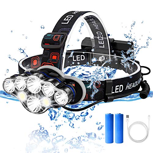 8 LED Linterna Frontal, 8 Modos Linterna de Cabeza USB Recargable con Luz Roja de Advertencia, Linternas Frontales Super Brillante Impermeable para Trabajo, Camping, Pesca, Correr, Acampar, Excursión