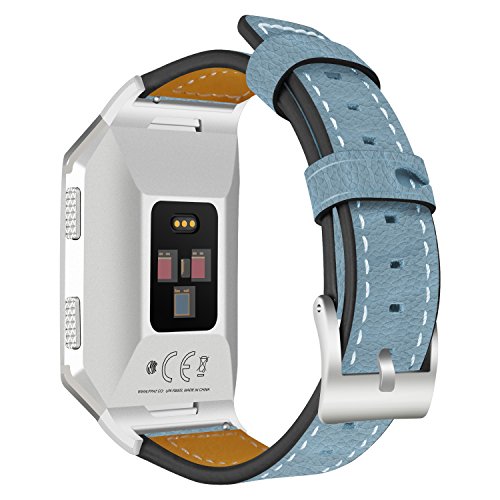 AISPORTS - Correa de repuesto para Fitbit iónico para mujer y hombre, correa de piel con hebilla clásica de metal para reloj inteligente Fitbit Ionic, color azul
