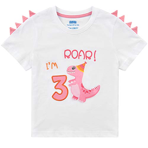 AMZTM 3 Años Camiseta Cumpleaños Dinosaurio - Niñito Niña Manga Corta Top tee Estampada Bordado 100% Algodón Verano Camiseta Blanca T-Shirt (Blanca, 100)