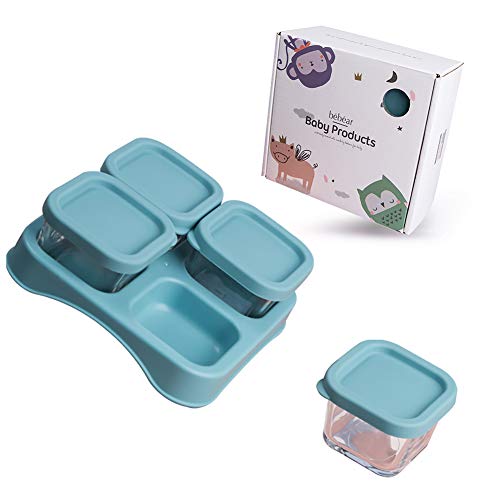 Bebamour Recipientes de almacenamiento de alimentos con tapas para bebés de 4 meses + Recipiente de vidrio portátil para alimentos con bandeja, 4 unidades (Blue)