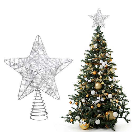Belle Vous Estrella para Arbol de Navidad 25x20,5 cm Estrella Navidad Alambre Metálico Plateado Brillante 5 Puntos con Base en Espiral - Adornos Navideños - Decoraciones de Navidad Purpurina Brillante