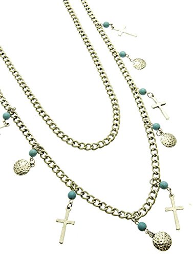 beyoutifulthings Collar de mujer de acero inoxidable plateado envejecido, dos capas con colgantes, cruces y discos de piedras naturales, longitud 122 cm