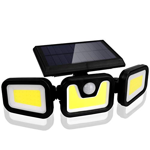 BLOOMWIN Luz Solar Exterior con Sensor de Movimiento Foco Solar Exterior 3 Cabezales 3 Modos 100 COB LED 360º lluminación Impermeable Aplique de Pared Lampara de Seguridad para Jardín Patio Camino