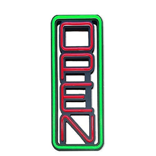 DECO 19 x 8 pulgadas letrero abierto de neón LED vertical base negra mate con letrero abierto de neón LED ultrabrillante letrero de la tienda de la barra de café (Verde/Rojo, Vertical)