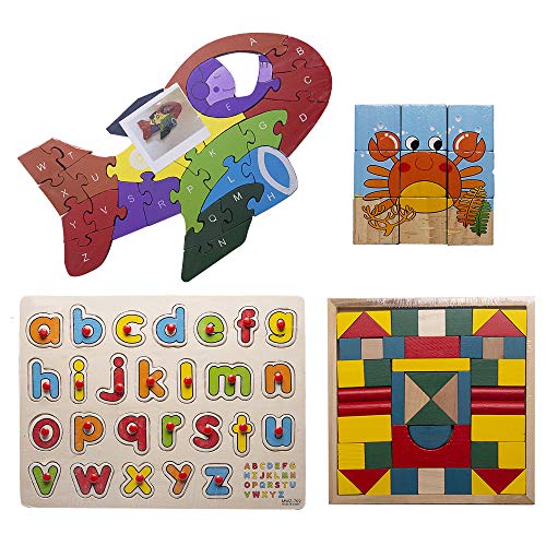 Desconocido Byoeko Set de 4 Juguetes educativos de Madera para niños de Madera (Puzzle Tacos 9 Piezas, Tablero Alfabeto, Puzzle Avión y Juego de para armar Figuras geométricas)