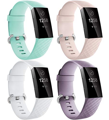 Dirrelo Compatible con Fitbit Charge 3/Fitbit Charge 4 Correa para Mujeres Hombres, 4 Pack Impermeable Ajustable Silicona Reemplazo Deporte Pulseras para Charge 3/4, Rosado+MentaVerde+Lavanda+Blanco S