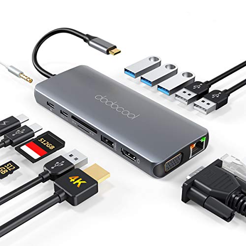 dodocool USB C Hub Hub USB C, Adaptador 14 en 1 con 4K HDMI, RJ45 Ethernet, 1080P VGA, USB3.0/2.0, Lector de Tarjetas SD/TF, Conector de Audio de 3,5 mm, Tpye C Hub para Android, Windows, Macbook