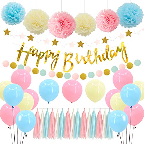 Fiesta de decoraciones en colores pastel con borlas de papel y pompones, rosa, azul y amarillo para niñas Baby Shower, cumpleaños, fiesta de bodas