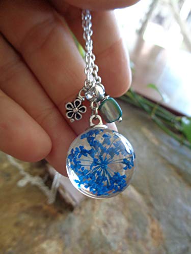 ◦ • ● ◉✿ FLOR AZUL - VERANO - FLOR DE MAÍZ - FLOR REAL - FLOR - CON MADRE DE PERLA - BOLA GRUESA ✿◉ ● • ◦ cadena larga con flor de resina fundida, con colgante y trozo de nácar azul