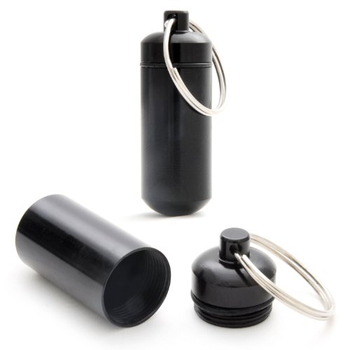 Ganzoo - Juego de 2 cápsulas de almacenaje (de aluminio, con colgador para llavero y cierre de rosca con junta de goma, 45 mm de altura), color negro