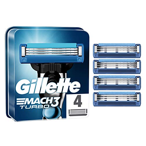 Gillette Mach3 Turbo Cuchillas de Afeitar Hombre, Paquete de 4 Cuchillas de Recambio