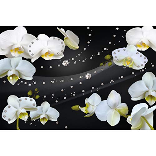 GREAT ART Mural De Pared – Orquídeas con Diamantes Y Fondo Negro – Obra De Arte Diseño Gráfico Patrón Floral Abstracto Foto Papel Pintado Y Tapiz Y Decoración (210 x 140 cm)