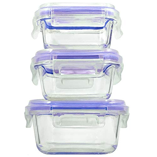 Home Fleek - Envases de Vidrio para Alimentos | 3 Recipientes + 3 Tapas | Herméticos | Sin BPA (Set 3, Cuadrado Azul)