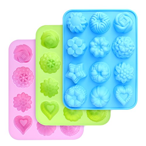 homEdge Moldes de silicona de grado alimenticio, moldes para hornear con flores y forma de corazón, antiadherentes, pack de 3 moldes de silicona para bombón, caramelo, gelatina, cubitos de hielo