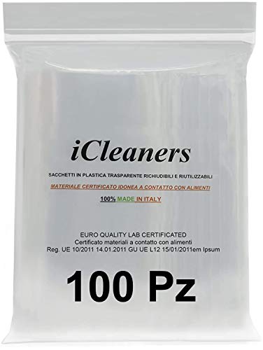 iCleaners Bolsas de plástico transparente fabricadas en Italia para alimentos con cierre a presión, reutilizables, muy resistentes, 100 % fabricadas en Italia (16 x 24 cm)