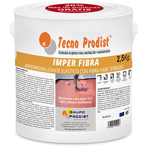 IMPER FIBRA de Tecno Prodist - 2,5 Kg (BLANCO) Pintura Impermeabilizante elástica para Terrazas con Fibras Incorporadas - Buena Calidad - (A Rodillo o brocha, disponible en color rojo o blanco)