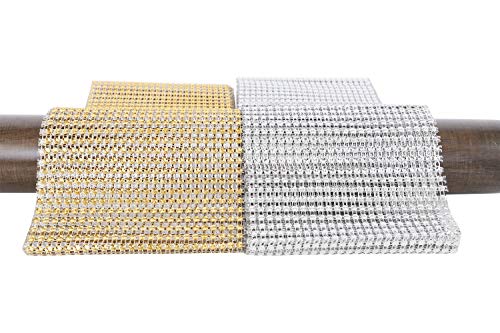 ITIsparkle Cinta de malla con diamantes de imitación, 1 pieza plateada de 120 mm de ancho x 2 m, 24 filas y 1 pieza dorada de 120 mm de ancho x 2 m, 24 filas