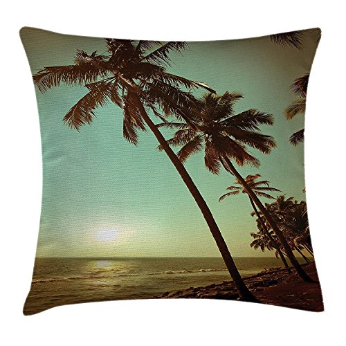 LIPCZXYZ Palm Tree Decor Throw Pillow Cushion Cover, Sunset Tropical Beach Dusk on Pacific Ocean Vintage Exotic Landscape Print, Decorative Square Accent Pillow Case, 18 X 18 Inches, Green Brown