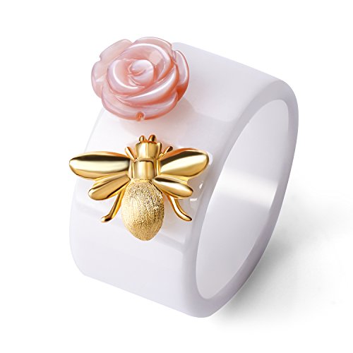 Lotus Fun Anillo de plata de ley 925 hecho a mano único anillo de pulgar de abeja Kiss de una rosa de cerámica regalo para mujeres y niñas 7 blanco