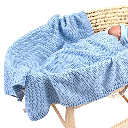 Manta de punto para bebé para niños y niñas de 106 x 76 cm, manta de ganchillo de punto, manta para cochecito de recién nacido, manta (azul)