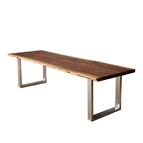 Mesa de comedor de estilo rústico industrial con patas en forma de U con borde vivo de madera maciza de nogal (200 x 90 x 75 cm)