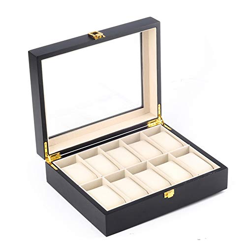 MooKe Exclusivo 10 Caja de Reloj Ranuras para los Hombres, la Caja de Madera con Tapa de Cristal y Almacenamiento extraíble Almohada Caja de Reloj, Resistente y Duradero