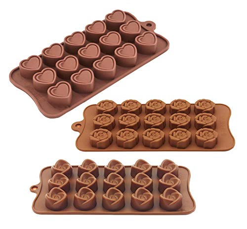 MUCHEN SHOP Molde de Chocolate Silicona,3 Pack Antiadherentes Moldes de Caramelo Moldes de Chocolate en Forma de Flor Corazón para Fiesta de Navidad de San Valentín